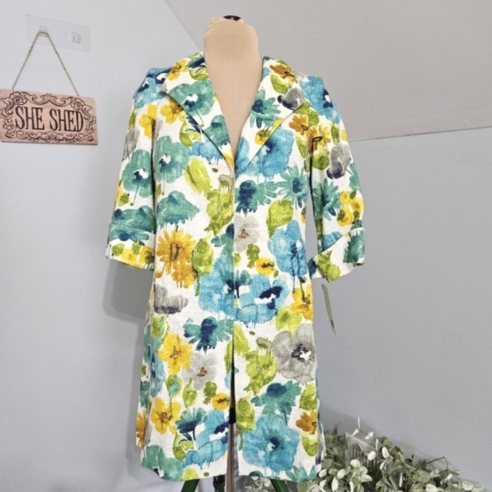 3 Sisters‎ Blazer Vintage Floral Longline 100% Cotton Pockets M Cottagecore